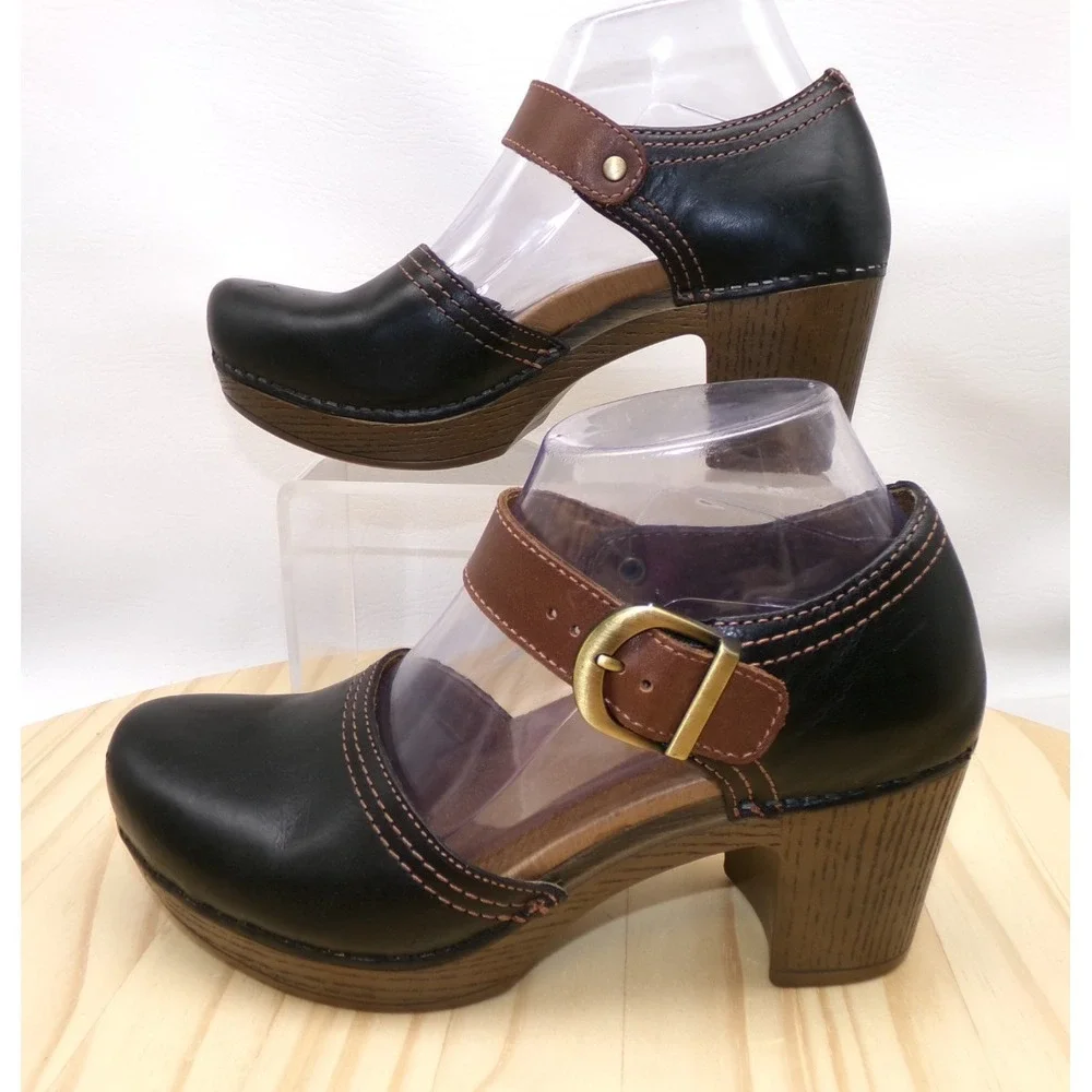 Dansko Darlene Heels Womens Black Brown Size 38 US 7.5 - 8 Ankle Strap Leather